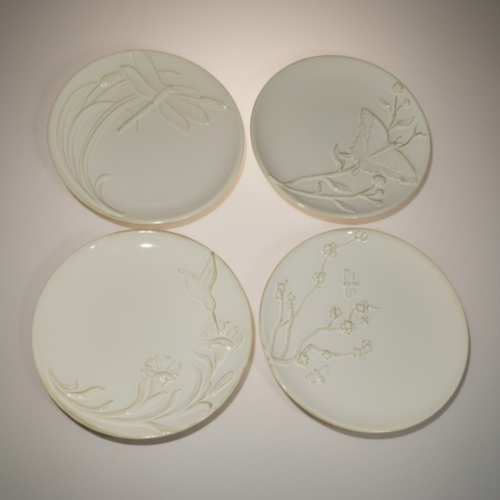 Pottery Barn Set 4 Botanical Raised Relief Plates Dragonfly Butterfly Cream 8in